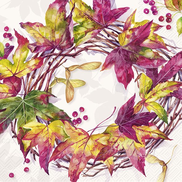 Napkins 33x33 cm - FOREST WREATH cream, Wreath,  Wreaths,  Leaves,  Berries,  Foliage,  Fruits