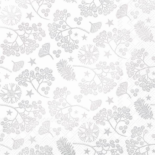 Servilletas 33x33 cm - BRIGHT WINTER BRANCHES wh.silv, blanco,  plata,  Estrellas,  Cristales de hielo,  Ramas de abeto,  Bayas,  Copos de nieve,  Plantas,  Frutas