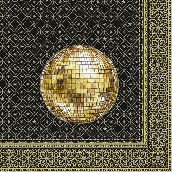 Servilletas 33x33 cm - GOLDEN DISCO BALL black gold, Fiesta,  Discoteca,  oro,  Celebración,  Fiesta,  Nochevieja,  Eventos,  Año Nuevo