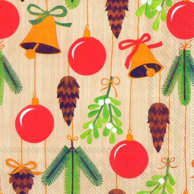 Servietten 33x33 cm - BELLS, BALLS AND CONES cream, Baumkugeln, Mistel, Zapfen, Glocken, Tannenzweige, Früchte Servietten 33x33 cm - BELLS, BALLS AND CONES cream