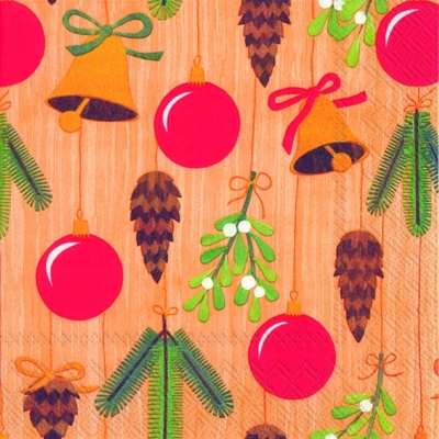 Servietten 33x33 cm - BELLS, BALLS A. CONES cinnamon, Baumkugeln, Tannenzweige, Glocken, Mistel, Baumschmuck Servietten 33x33 cm - BELLS, BALLS A. CONES cinnamon