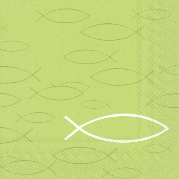 Servietten 33x33 cm - PEACEFUL FISH light green, christlich,  Kirche,  Taufe,  Firmung,  Erstkommunion,  Kommunion,  Fische,  Ereignisse,  Tiere