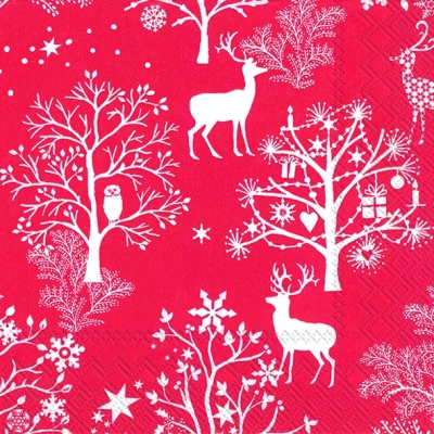 Servietten 33x33 cm - NORDIC PATTERN red, Bäume, Eulen, Herzen, Hirsch, Sterne, Hirsche, Vögel, Rehe, Tiere Servietten 33x33 cm - NORDIC PATTERN red