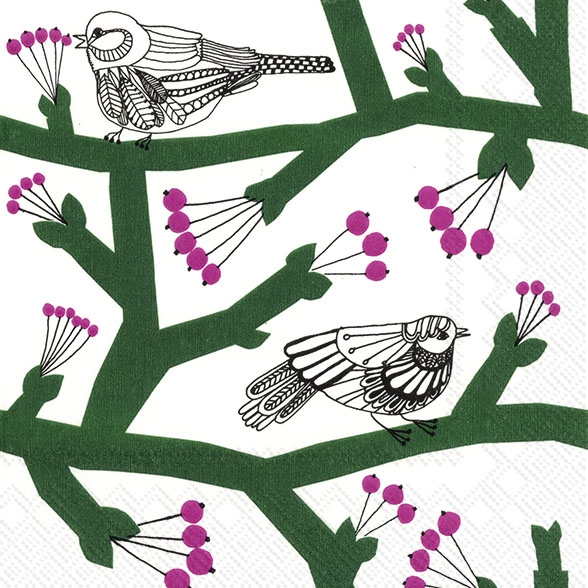 Napkins 33x33 cm - PAKKANEN green, birds, plants, animals Napkins 33x33 cm - PAKKANEN green
