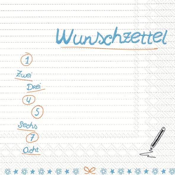 Napkins 33x33 cm - WUNSCHZETTEL blue, scripts Napkins 33x33 cm - WUNSCHZETTEL blue
