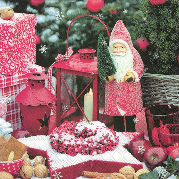 Napkins 33x33 cm - CHRISTMASSY SCENE, lantern, Santa, nuts, apples, fruits Napkins 33x33 cm - CHRISTMASSY SCENE