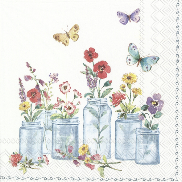 Napkins 33x33 cm - SUMMER JARS white, glassware,  pansies,  poppy,  butterflies,  flowers,  animals