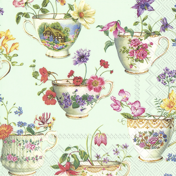 餐巾33x33厘米 - CUP OF FLOWERS light green, 陶器, 杯, 罂粟, 玫瑰, 花卉 餐巾33x33厘米 - CUP OF FLOWERS light green