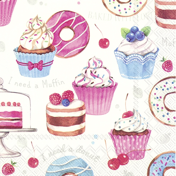 Servilletas 33x33 cm - DONUTS LOVE, Pastel,  cerezas,  frambuesas,  galletas,  fruta