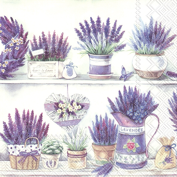 Servietten 33x33 cm - LAVENDER POTS, Lavendel,  Herz,  Blumen