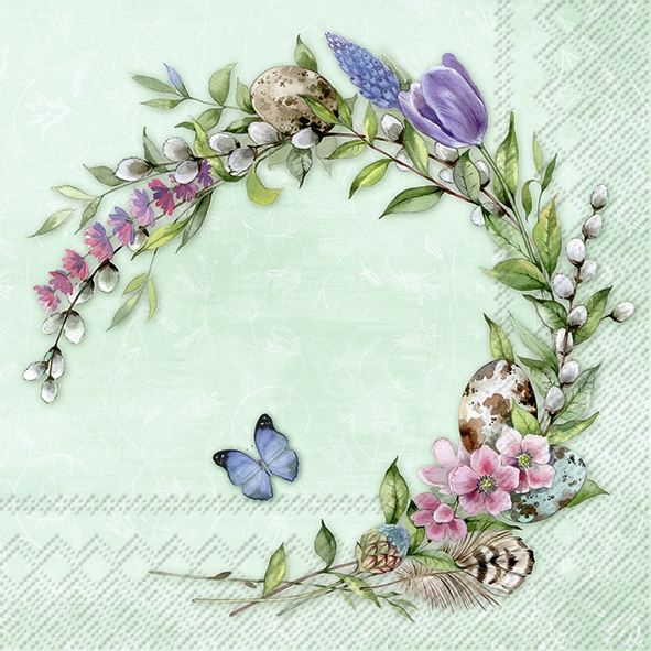Servilletas 33x33 cm - FLORIS WREATH mint, huevos de Pascua,  tulipanes,  mariposas,  plumas,  Prímulas,  Pascua,  flores,  animales