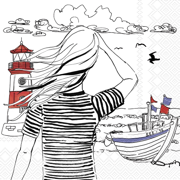 Napkins 33x33 cm - SEHNSUCHT NACH MEER white, persons,  boats,  seagulls,  lighthouse,  Lighthouses,  birds,  ocean,  animals