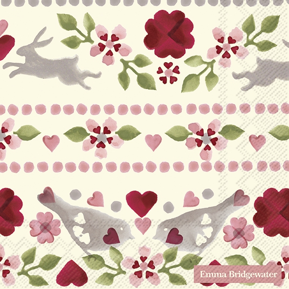 Serwetki 33x33 cm - LOVE BIRDS cream, serca,  ptactwo,  kwiaty,  zamiłowanie,  Wydarzenia,  zwierzęta