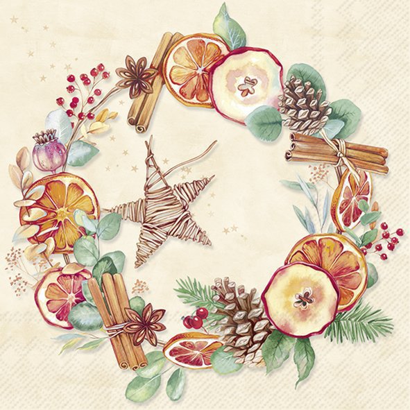 Servietten 33x33 cm - CINNAMON WREATH cream, Orangen,  Zimt,  Kranz,  Zimtstangen,  Sterne,  Eukalyptus,  Pflanzen,  Tannenzapfen,  Herbst