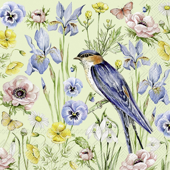 Servietten 33x33 cm - SPRING BLOOMS light green, Schmettelinge,  Frühjahr,  Stiefmütterchen,  Blumen,  Vögel,  Vogel,  Frühling,  Tiere