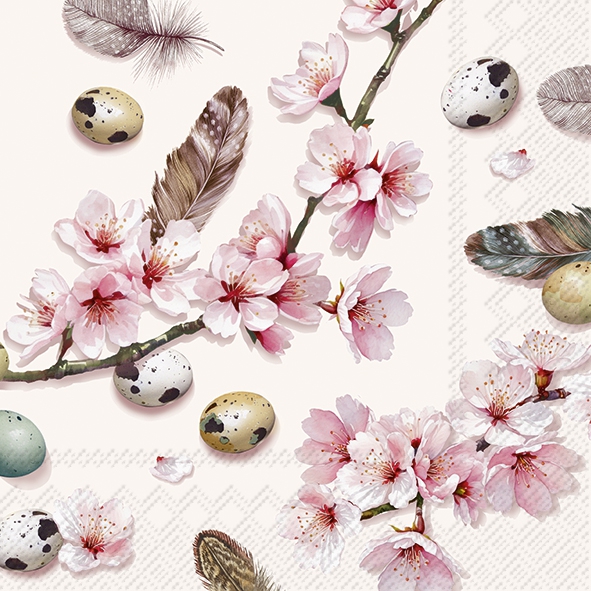 Servilletas 33x33 cm - BEAUTIFUL SAKURA cream, Huevos,  Cerezos en flor,  Japón,  Huevos de Pascua,  Flores,  Semana Santa