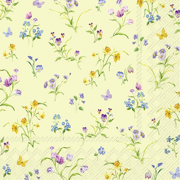 Servilletas 33x33 cm - EASTER FLOWERS light green, Narcisos,  Tulipanes,  Pensamientos,  Mariposas,  Flores,  Animales