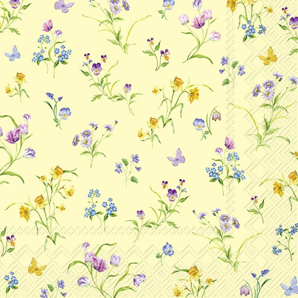 Tovaglioli 33x33 cm - EASTER FLOWERS yellow, Narcisi,  Viole del pensiero,  Tulipani,  Farfalle,  I fiori,  Animali