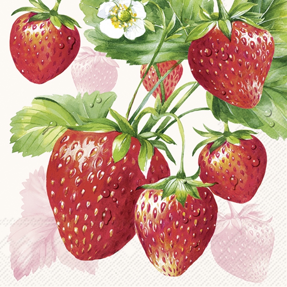 Servietten 33x33 cm - STRAWBERRY FRUITS cream, Erdbeeren,  Sommer,  Früchte
