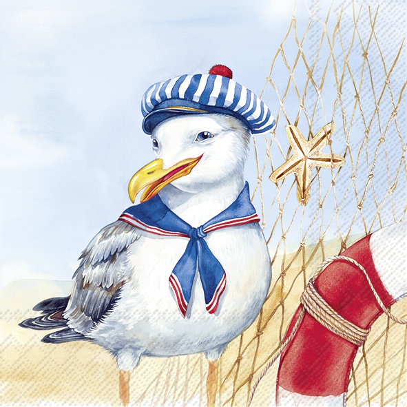 Servietten 33x33 cm - CAPTAIN FINN, Möwen,  Küste,  Urlaub,  Seestern,  Matrosen,  Sommer,  Strand,  Meer,  Vögel,  Vogel,  Tiere
