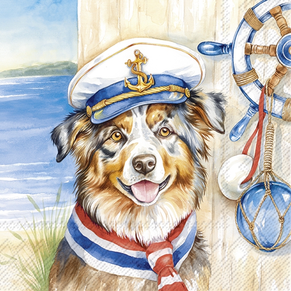 Servietten 33x33 cm - CAPTAIN JACK, maritim,  Küste,  Urlaub,  Matrosen,  Steuerrad,  Sommer,  Meer,  Strand,  Hunde,  Tiere
