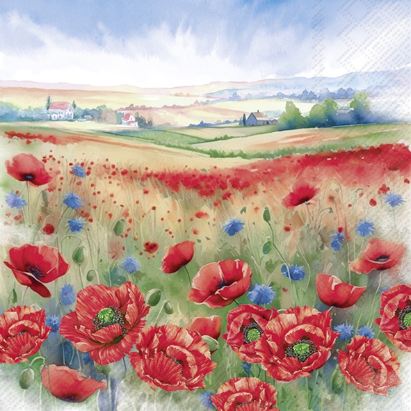 Servilletas 33x33 cm - SUMMER VIBES, Amapolas,  Campos,  Pradera de flores,  Toscana,  Verano,  Semillas de amapola,  Francia,  Italia,  Flores,  Países
