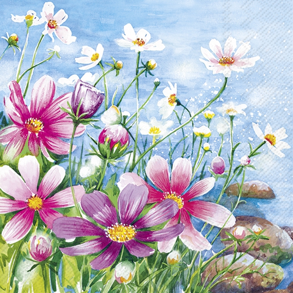 Servilletas 33x33 cm - KATY, Río,  Lago,  Orilla,  Flores,  Margaritas,  Primavera,  Primavera