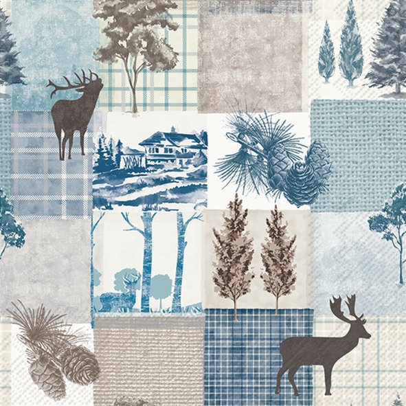 Servietten 33x33 cm - WINTER COLLAGE blue, Bäume,  Wald,  Baum,  Wälder,  Hirsche,  Rehe,  Tannenzapfen,  Herbst