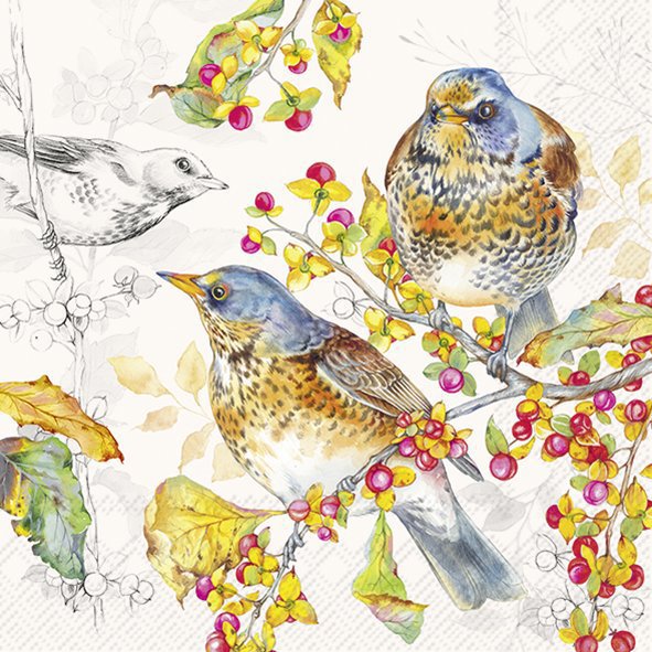 Servietten 33x33 cm - AUTUMN BIRDS cream