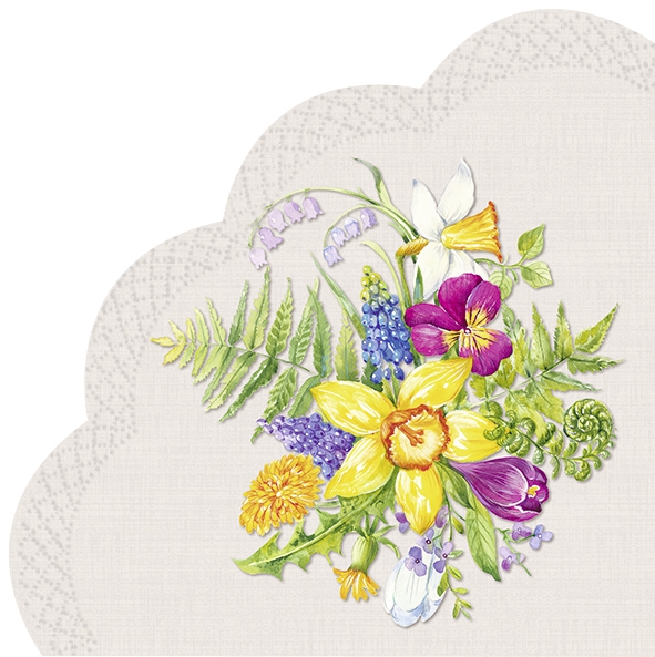 Serwetki - okrągłe - FLOWER LOVE linen, paprocie,  krokus,  Dandelion,  żonkile,  Żonkile,  zakłady,  kwiaty