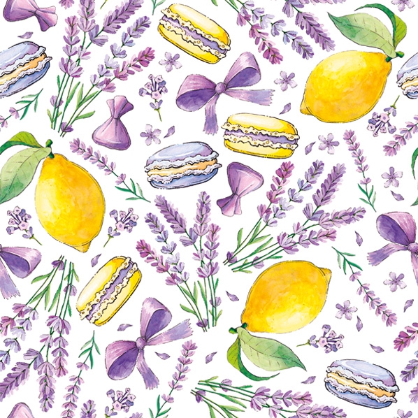 Servietten 25x25 cm - Limes, Lavender and Macaroons, Frankreich,  Provence,  Macarons,  Zitronen,  Süßigkeiten,  Südfrüchte,  Lavendel,  Früchte,  Blumen