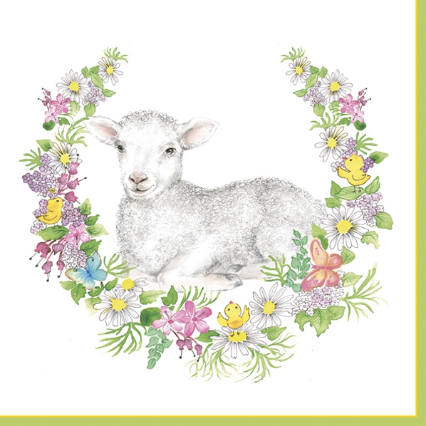 Servietten 25x25 cm - Easter Wreath with Lamb, Schmetterlinge,  Lamm,  Osterlamm,  Kücken,  Blumen,  Schafe,  Ostern,  Tiere
