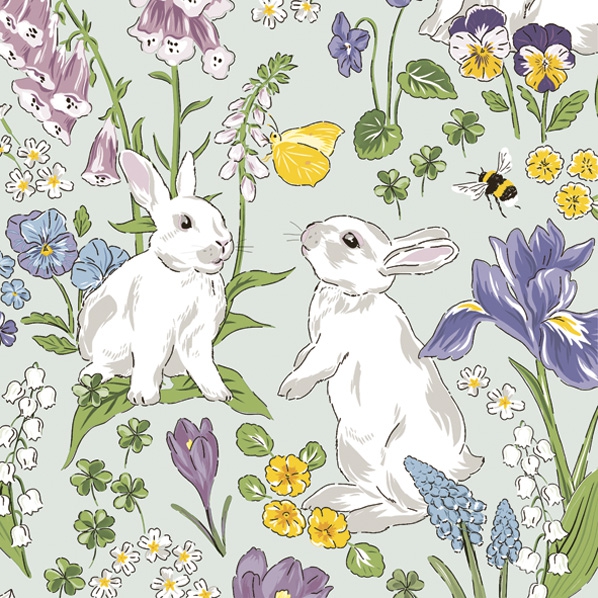 Servietten 25x25 cm - Graphic Easter Bunnies and Spring Flowers, Stiefmütterchen,  Krokus,  Kaninchen,  Osterhasen,  Blumen,  Hasen,  Ostern,  Tiere