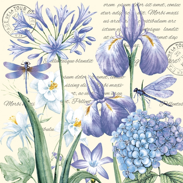Serwetki 25x25 cm - Irises, Hydrangea and Dragonflies, Wa?ki,  Iris,  Kwiaty,  Vintage,  Hiacynty