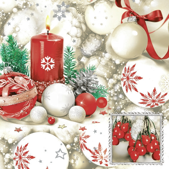 Servietten 33x33 cm - Red & White Collage, Tannenzapfen,  Beeren,  Christbaumkugeln,  Weihnachtsbaumkugeln,  Adventskranz,  Baumschmuck,  Tannenzweige,  Kerzen,  Pflanzen