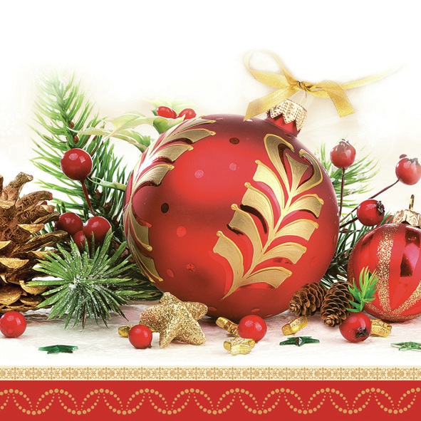 Servietten 33x33 cm - Red Decorative Bauble, Tannenzweig,  Zapfen,  Baumschmuck,  Sterne