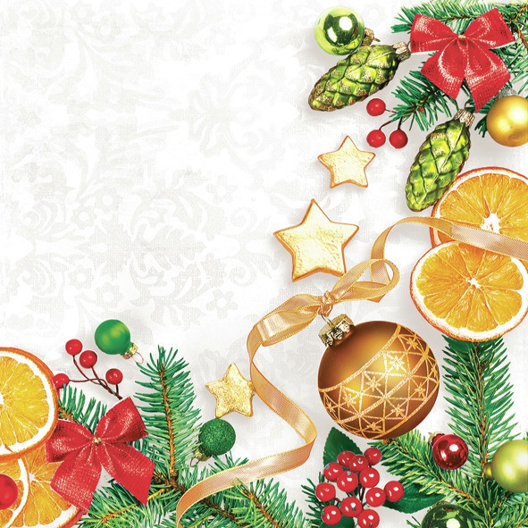 Servietten 33x33 cm - Christmas Decorative Frame, Sterne, Kugeln, Orangen, Baumschmuck, Südfrüchte, Früchte Servietten 33x33 cm - Christmas Decorative Frame