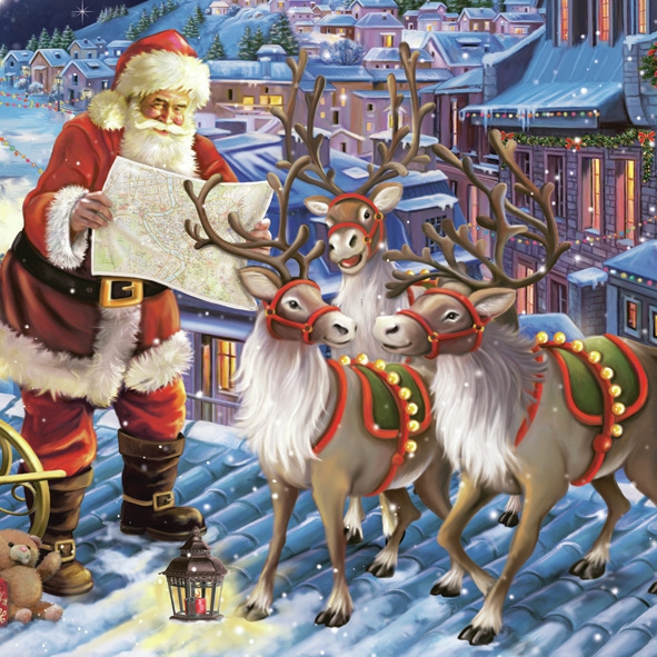 Servietten 33x33 cm - Santa with Reindeers on Roof