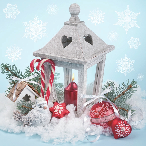 Servietten 33x33 cm - Xmas Lantern on Snow, Kerzen,  Laternen,  Zuckerstangen,  Eiskristalle,  Baumschmuck,  Vögel,  Vogel,  Tannenzweige,  Schneeflocken,  Tiere,  Pflanzen