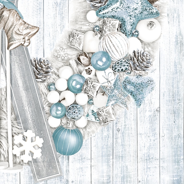 Serwetki 33x33 cm - Silver Blue Wreath with Skis, Szyszki,  niebieski,  gwiazdki,  bombki choinkowe,  bombki choinkowe,  ozdoby choinkowe,  kryszta?ki lodu,  p?atki ?niegu