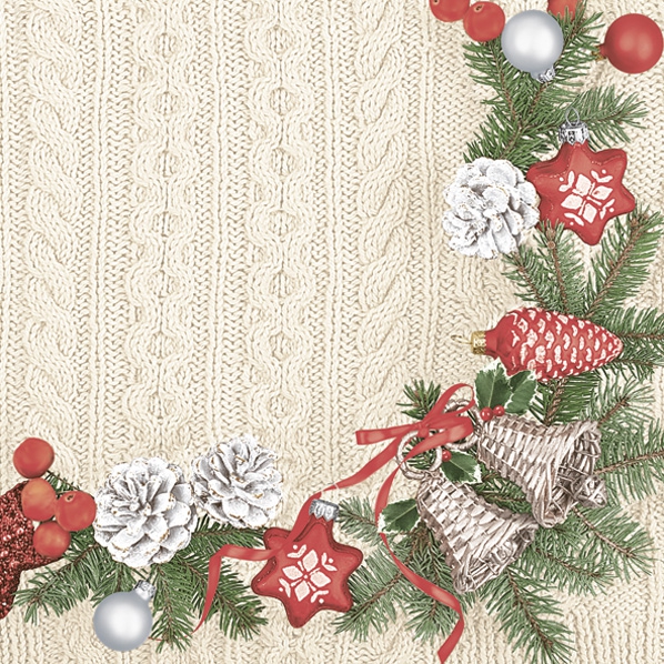 Napkins 33x33 cm - Silver Red Wreath on Knitted Cloth, Pine cone,  Fir branches,  Bells,  Berries,  Tree ornaments,  Plants,  Fruits