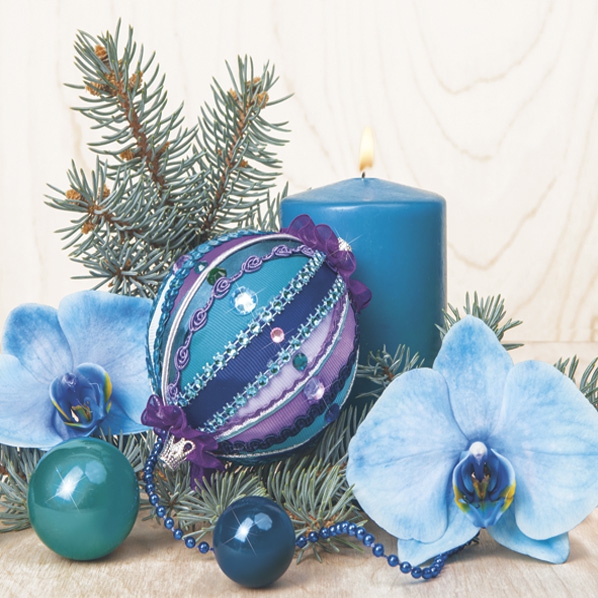 Napkins 33x33 cm - Turquoise Composition with Orchid, Fir branches,  blue,  Christmas tree balls,  Christmas tree balls,  Advent wreath,  Orchids,  Candles,  Tree ornaments,  Flowers