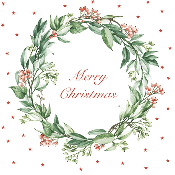 Servilletas 33x33 cm - Merry Christmas with Wreath, Feliz Navidad,  Corona de Adviento,  Estrellas,  Texto,  Diciendo