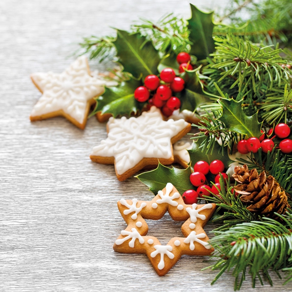 Servilletas 33x33 cm - Winter Decor with Gingerbread Cookies, Galletas,  Bayas,  Pastel,  Ramas de abeto,  Ilex,  Plantas