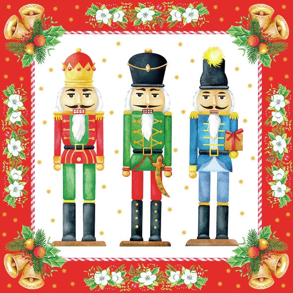 Servilletas 33x33 cm - Watercolour Nutcrackers, Cascanueces,  Campanas,  Ilex,  Ramas de abeto,  Rosas de Navidad,  Plantas,  Flores
