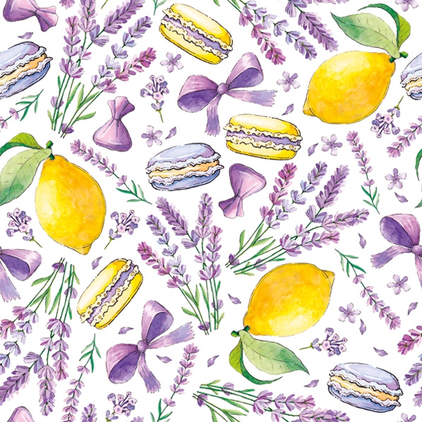 Servilletas 33x33 cm - Limes, Lavender and Macaroons, Macarons,  Limones,  Provenza,  Francia,  Lavanda,  frutas tropicales,  Pastel,  Flores,  Frutas,  Galletas,  Países