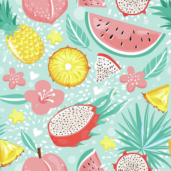 Servilletas 33x33 cm - Pastel Exotic Fruits on Light Blue , Piña,  Sandías,  Fruta del dragón,  Flores,  Frutas,  Selva y trópicos,  Regiones