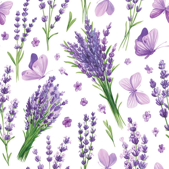 Servietten 33x33 cm - Lavender with Violet Butterflies, Frankreich,  Provence,  Lavendel,  Schmetterlinge,  Blumen,  Tiere