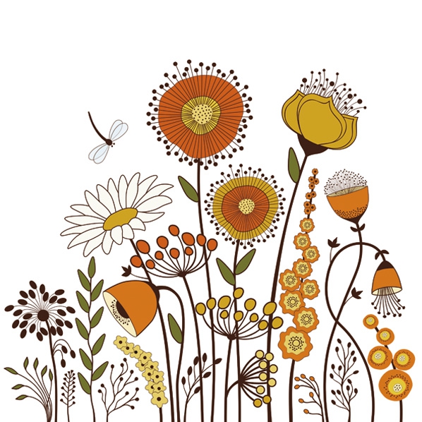 Servilletas 33x33 cm - Graphic Earth Tones Meadow, Pradera de flores,  Libélulas,  Flores,  Bosque,  Prados