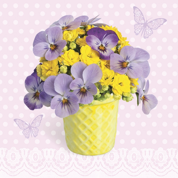 Салфетки 33x33 см - Violets and Primroses in Yellow Cup 